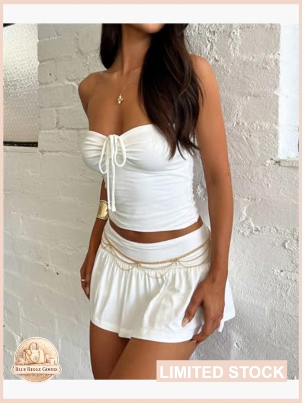 Y2K Two Piece Skirt Set Tie Ruched Tube Crop Top Low Rise Pleated Mini Skort - Picture 5 of 6
